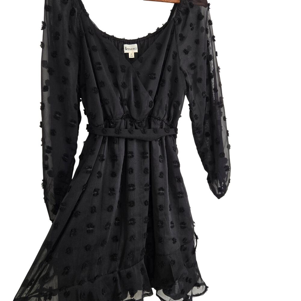 Whimisgoth Dark Feminine Cottagecore Texture Polka Dot Sheer Long Sleeve Dress S